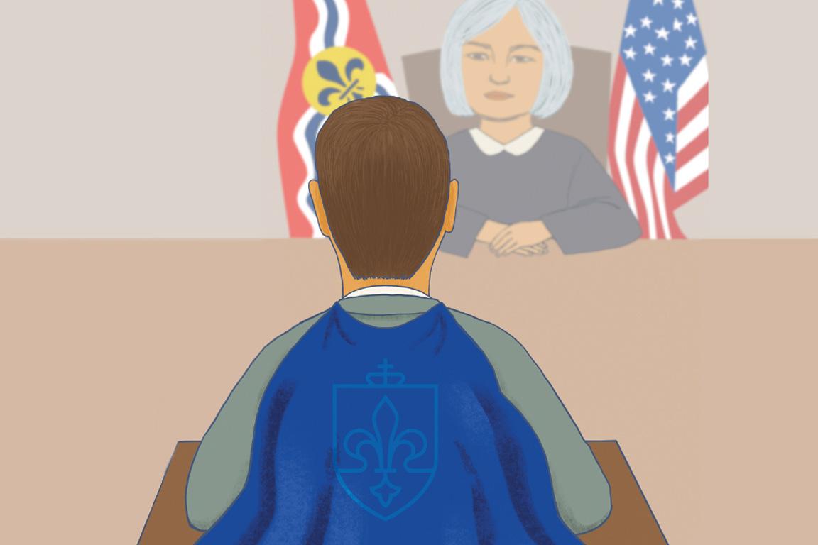 插图:博彩网址大全法学院的校友在法庭上在法官面前辩护