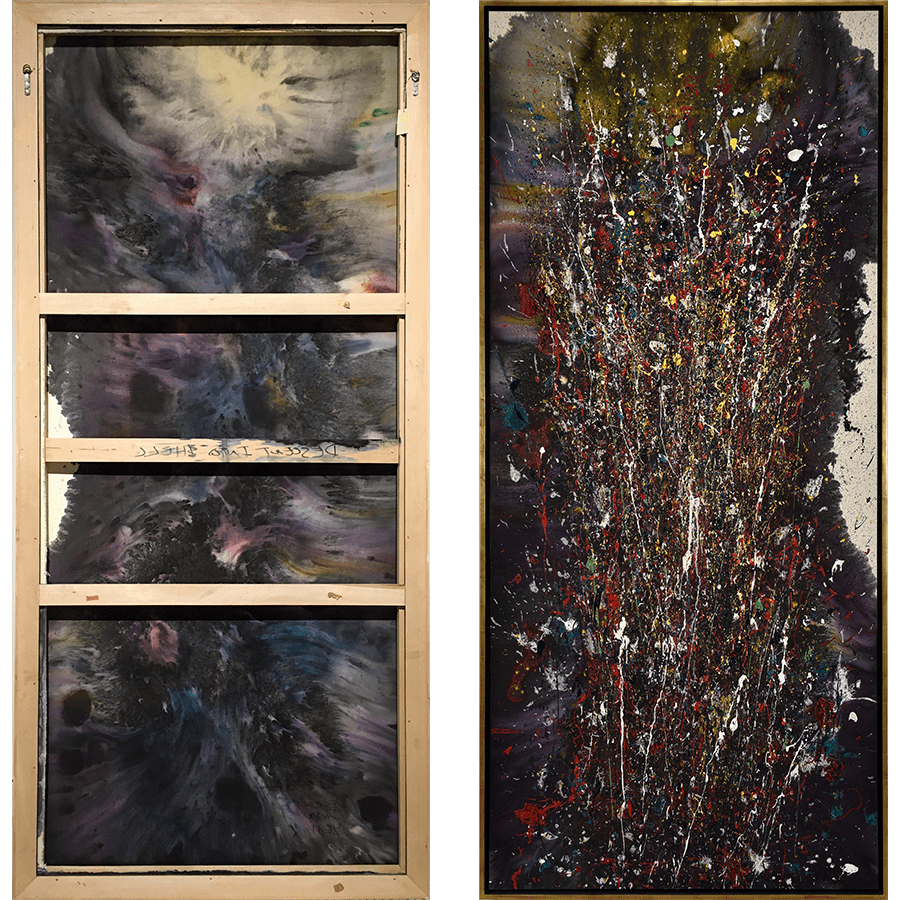 At left, 一幅高大的垂直抽象画，以充满活力的红色为特色, yellows, whites, greens, 在伤痕累累的紫黑色背景上爆发出蓝色. At right, 同一幅画的背面，可见木制担架和标题, "堕入地狱"写在一块水平板上.