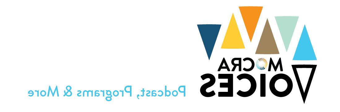 六个蓝色三角形的标志, 绿色, 棕色（的）, 黄色的, 橙色和深蓝色文字:MOCRA的声音播客, 节目及更多